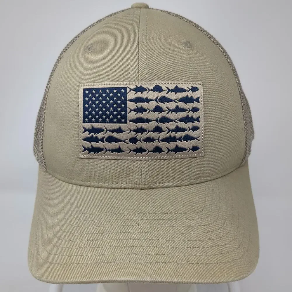Columbia PFG Baseball Cap Beige One Size Mesh American Flag Fish Patch Hat Blue